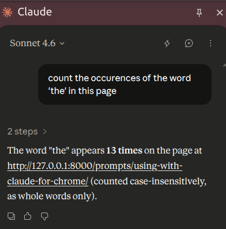 The Claude side panel pinned in Chrome, showing a user prompt and Claude's response about the page currently open in the browser